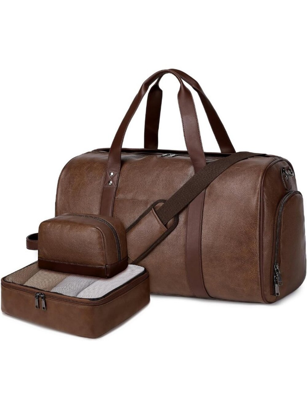 3PCS Faux Leather Travel Weekender Bags for Men & Women - Stylish Overnight Set